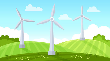 Wind turbine in a field. Eco Green Energy concept. Vector illustration in flat styleのイラスト素材
