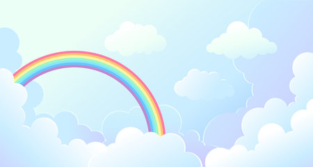 Vector background in cartoon style for magic design. White fluffy clouds and bright rainbow in the blue skyのイラスト素材