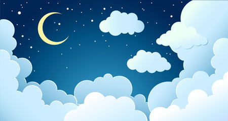 White fluffy clouds and moon among stars in the night skyのイラスト素材