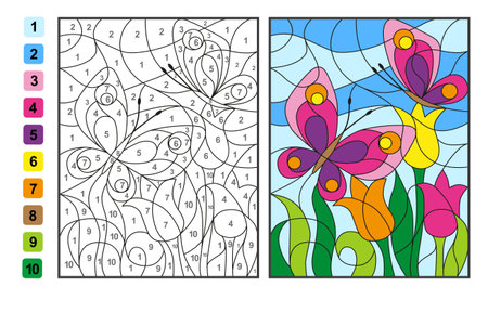 Color by numbers insect butterfly on a flower. Puzzle game for children educationのイラスト素材