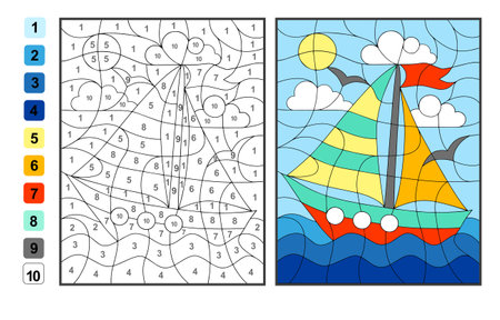 Color by numbers summer vacation. Puzzle for children education, colors for drawing and learning mathematicsのイラスト素材