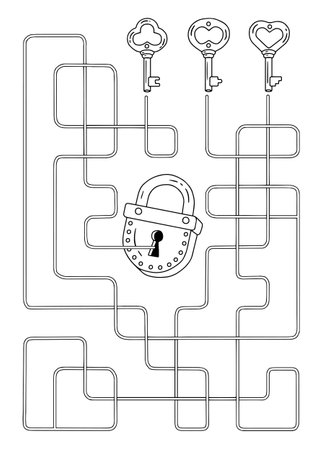 Vector coloring book page. Labyrinth game for children, choose the right keyのイラスト素材