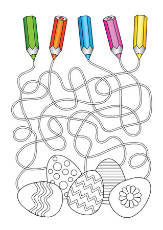 Vector coloring book page. Labyrinth game for children, find the right way to Easter eggsのイラスト素材