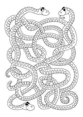 Vector coloring book page. Labyrinth game for children, intertwined snakesのイラスト素材