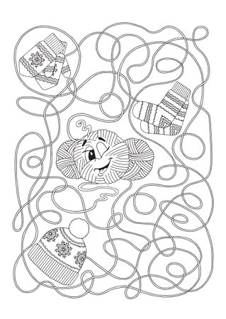 Vector coloring book page. Labyrinth game for children, intertwined balls of yarnのイラスト素材