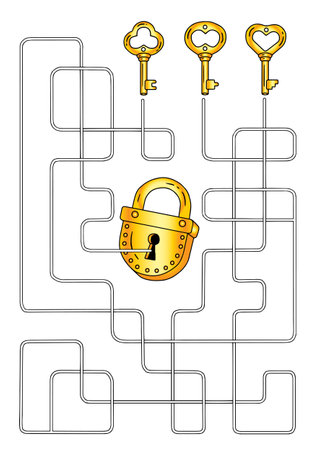 Vector coloring book page. Labyrinth game for children, choose the right keyのイラスト素材