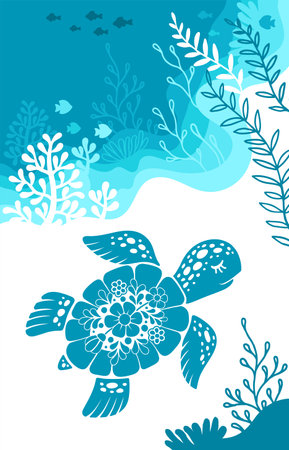 Decorative stylized image of a sea turtle and underwater life. World oceans dayのイラスト素材