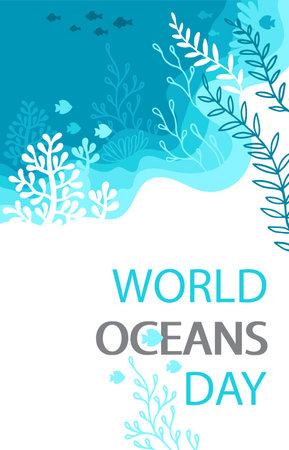Decorative stylized image of a sea turtle and underwater life. World oceans dayのイラスト素材