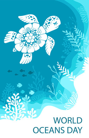 Decorative stylized image of a sea turtle and underwater life. World oceans dayのイラスト素材