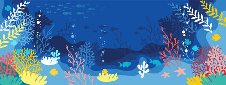 Horizontal blue background. Underwater marine life of a coral reef. World oceans dayのイラスト素材