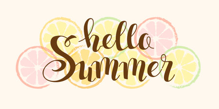 Hello Summer. Vector hand drawn lettering and orange slices. Horizontal background with text message in a retro styleのイラスト素材