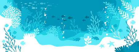 Horizontal blue background. Underwater marine life of a coral reef. World oceans dayのイラスト素材