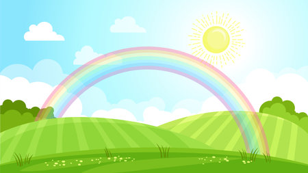Vector background. Summer landscape. Green field, rainbow and sun in blue skyのイラスト素材
