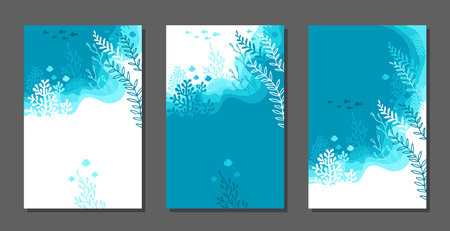 Set of vertical blue background. Underwater marine life of a coral reef. World oceans dayのイラスト素材