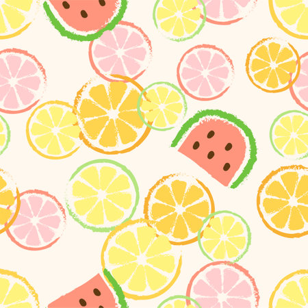 Summer vector seamless pattern in a retro style with watermelon and orange slicesの写真素材