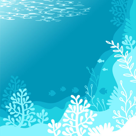 Illustration of background in a blue palette colours. Underwater marine life of a coral reefのイラスト素材