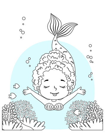 Black and white vector coloring for children. Illustration of beautiful girl mermaidのイラスト素材