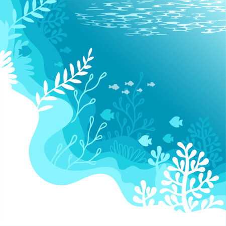Vector Illustration of background in a blue palette colours. Underwater marine life of a coral reefのイラスト素材