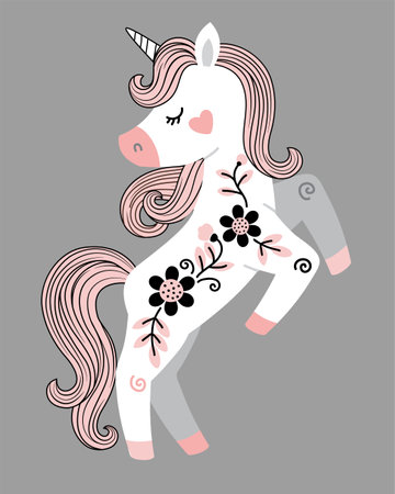 Vector hand drawn illustration of beautiful white unicorn with flowers and pink tail and maneのイラスト素材