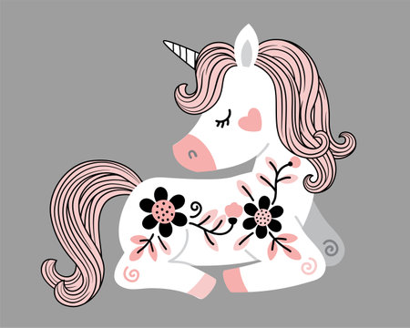 Vector hand drawn illustration of beautiful white unicorn with flowers and pink tail and maneのイラスト素材