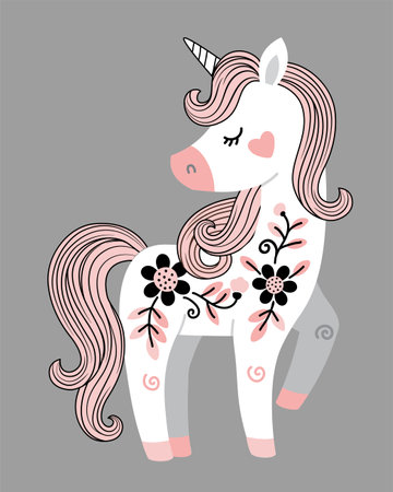 Vector hand drawn illustration of beautiful white unicorn with flowers and pink tail and maneのイラスト素材