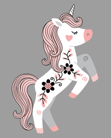 Vector hand drawn illustration of beautiful white unicorn with flowers and pink tail and maneのイラスト素材