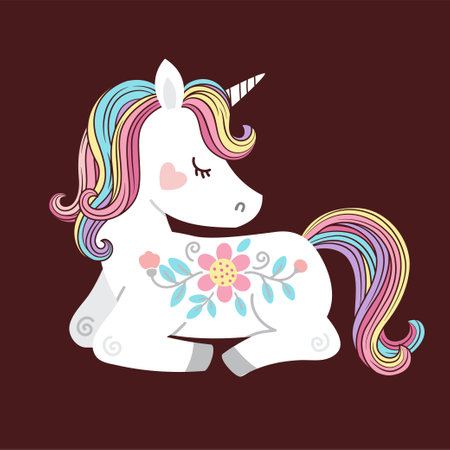 Cute white unicorn with rainbow mane and tail. Vector illustration for kids fashion, book, print, greeting card, t shirt, wallpaperのイラスト素材