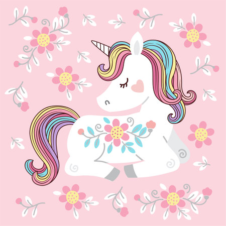 Cute white unicorn with rainbow mane and tail. Vector illustration for kids fashion, book, print, greeting card, t shirt, wallpaperのイラスト素材