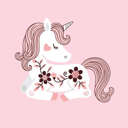 Vector hand drawn illustration of beautiful white unicorn with flowers and pink tail and maneのイラスト素材