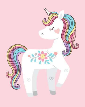 Cute white unicorn with rainbow mane and tail. Vector illustration for kids fashion, book, print, greeting card, t shirt, wallpaperのイラスト素材