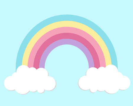 Vector background in cartoon style for magic design. White fluffy clouds and bright rainbow in the blue skyのイラスト素材
