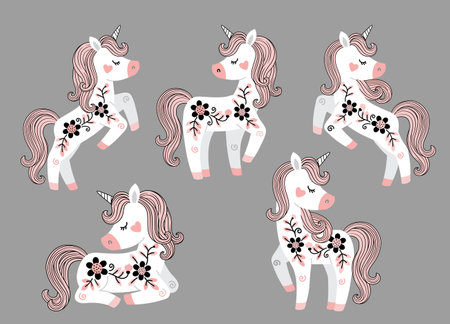 Vector set of beautiful white unicorns with flowers and pink tail and maneのイラスト素材