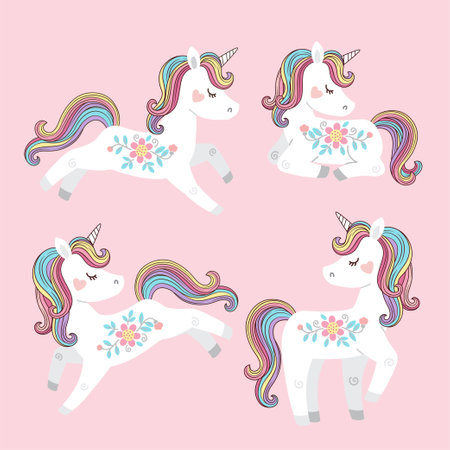Vector set of beautiful white unicorns with flowers and rainbow mane and tailのイラスト素材