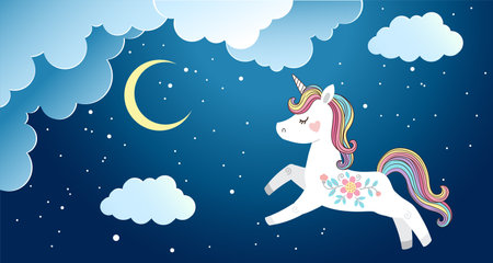 Cute unicorn jumps on fluffy clouds in the night skyのイラスト素材
