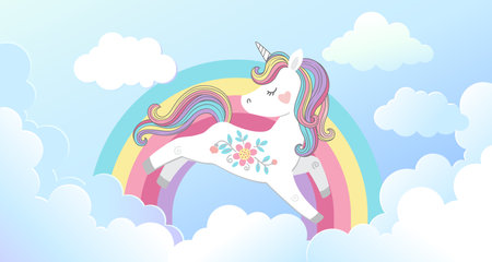 Vector background in for magic design. Cute unicorn jumps on fluffy cloud and bright rainbow in the blue skyのイラスト素材