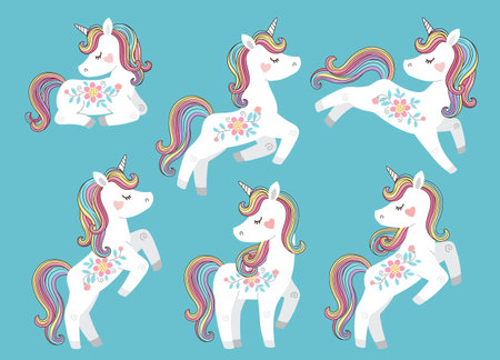 Vector set of beautiful white unicorns with flowers and rainbow mane and tailのイラスト素材