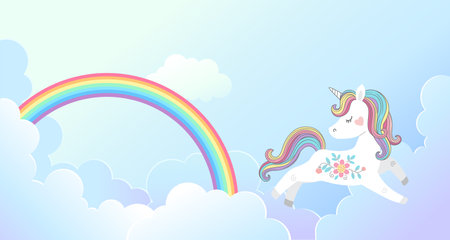 Vector background in for magic design. Cute unicorn jumps on fluffy cloud and bright rainbow in the blue skyのイラスト素材