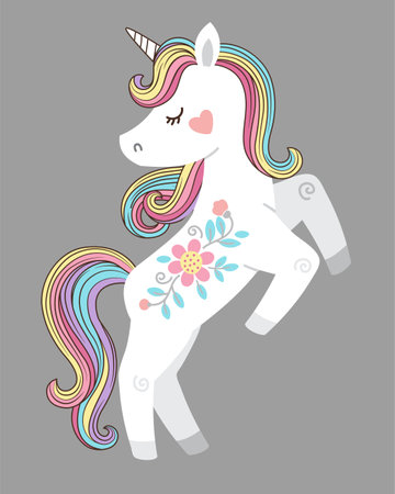 Cute white unicorn with rainbow mane and tail. Vector illustration for kids book, print, greeting card, t shirtのイラスト素材