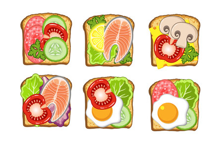 Vector illustration set of toast with meat, fish, mushrooms, vegetables and lettuce. Healthy food for breakfastのイラスト素材