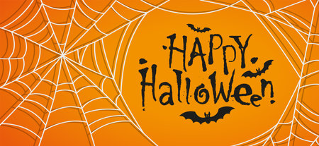Horror style font with flying vampire bats and Happy Halloween text message. Vector Spider web isolated on orange backgroundのイラスト素材