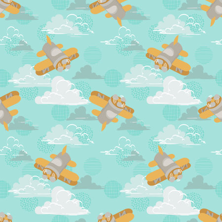 Toy airplanes among fluffy clouds on a blue backgroundのイラスト素材