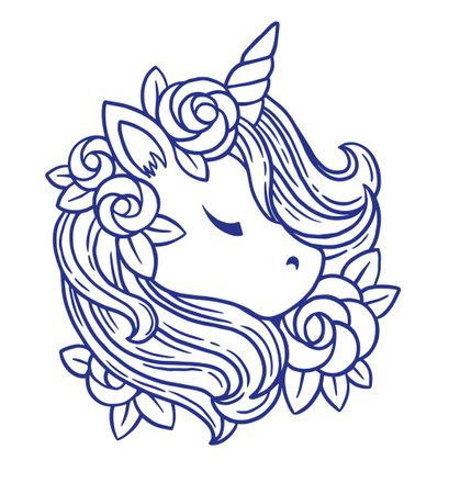 Coloring page of unicorn and flowers. Vector print for kids book, print, greeting card, t-shirtのイラスト素材