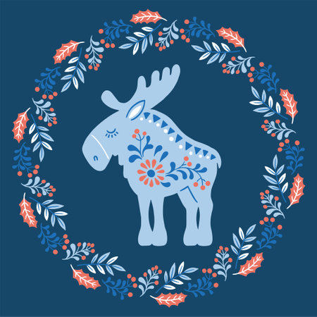 Vector hand drawn illustration of animals in Nordic style hygge. Elk silhouette in floral wreath in Folk Scandinavian styleのイラスト素材