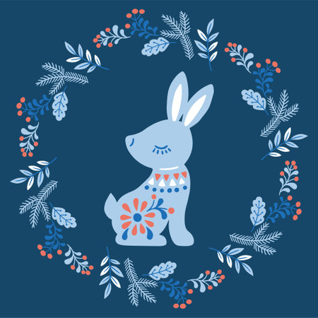 Vector hand drawn illustration of animals in Nordic style hygge. Hare silhouette in floral wreath in Folk Scandinavian styleのイラスト素材