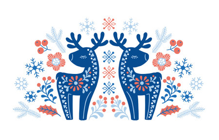 Vector hand drawn illustration of animals in Nordic style hygge. Silhouette of a deer in a floral pattern in Scandinavian styleのイラスト素材