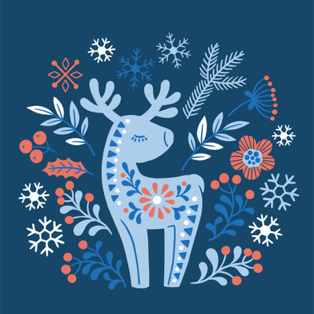 Vector hand drawn illustration of animals in Nordic style hygge. Silhouette of a deer in a floral pattern in Scandinavian styleのイラスト素材
