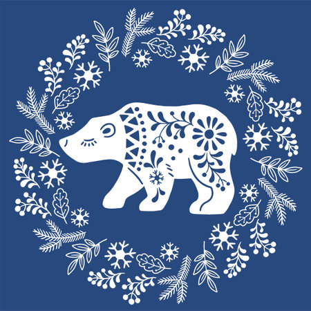 Vector hand drawn illustration of animals in Nordic style hygge. Bear silhouette in floral wreath in Folk Scandinavian styleのイラスト素材