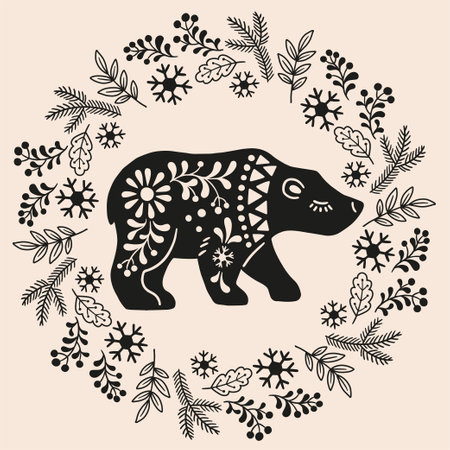 Vector hand drawn illustration of animals in Nordic style hygge. Bear silhouette in floral wreath in Folk Scandinavian styleのイラスト素材