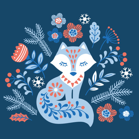 Vector hand drawn illustration of animals in Nordic style hygge. Silhouette of fox among flowers in Folk Scandinavian styleのイラスト素材