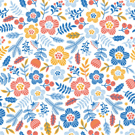 Interweaving of stylized doodle flowers and branches in the Scandinavian color styleのイラスト素材